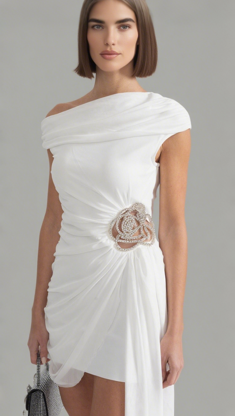 ABITO CORTO MONOSPALLA CON DECORAZIONI FLOREALI JANETT - BIANCO