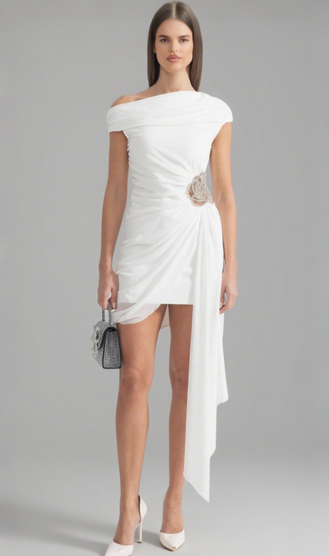 Janett Minikleid mit One-Shoulder-Träger und Blumenverzierung - Weiß
