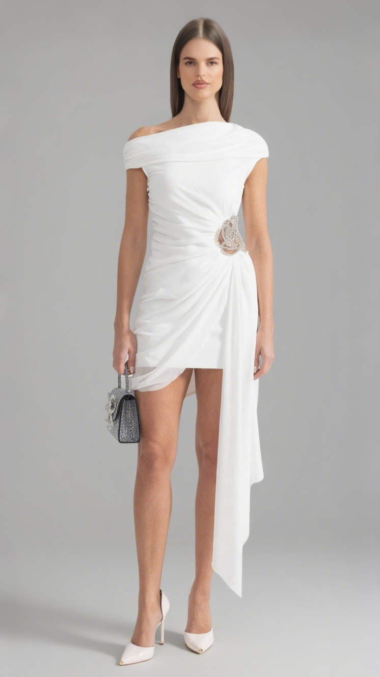 Janett Minikleid mit One-Shoulder-Träger und Blumenverzierung - Weiß