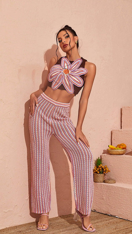 FLORAL HOLLOW KNITTED PANTS SET
