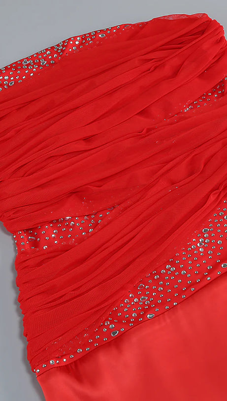 SEQUIN EMBELLISHED STRAPLESS BODYCON MAXI DRESS IN RED