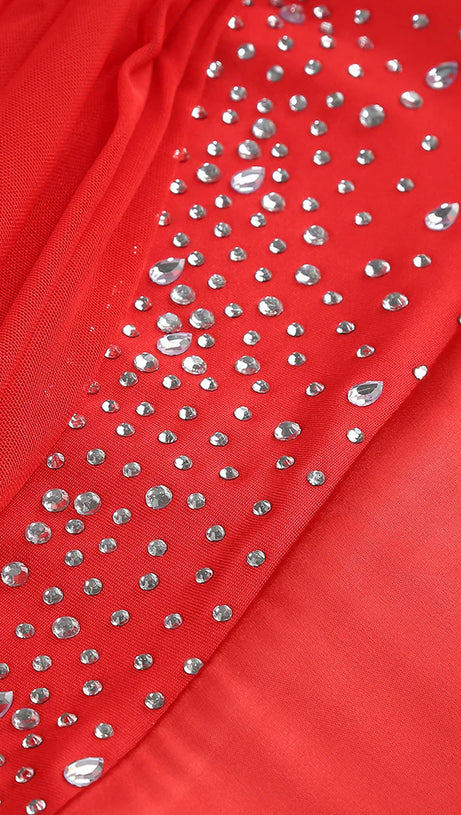 SEQUIN EMBELLISHED STRAPLESS BODYCON MAXI DRESS IN RED