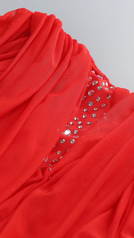 SEQUIN EMBELLISHED STRAPLESS BODYCON MAXI DRESS IN RED