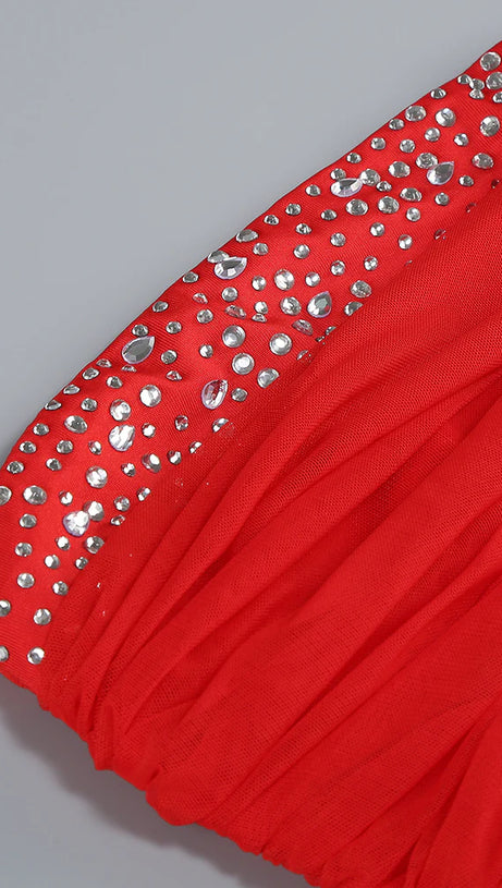 SEQUIN EMBELLISHED STRAPLESS BODYCON MAXI DRESS IN RED