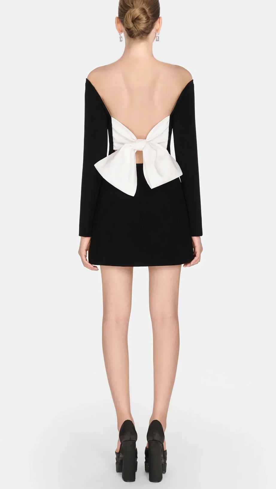 OFF SHOULDER BOW EMBELIISHED BACKLESS MINI DRESS