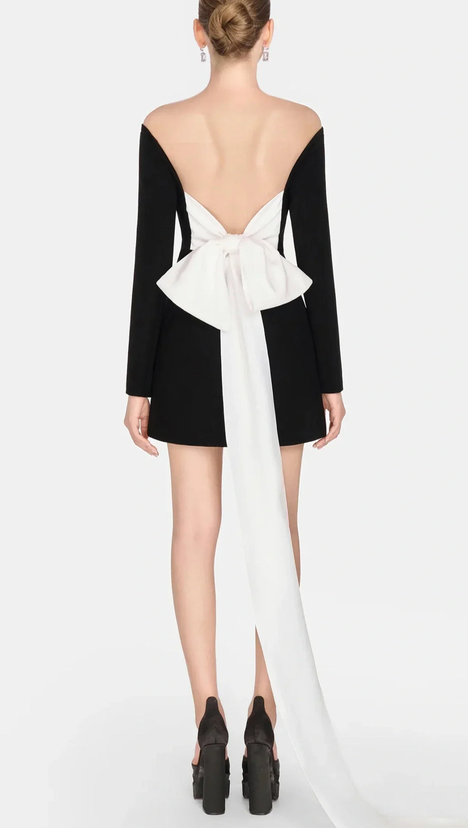 OFF SHOULDER BOW EMBELIISHED BACKLESS MINI DRESS