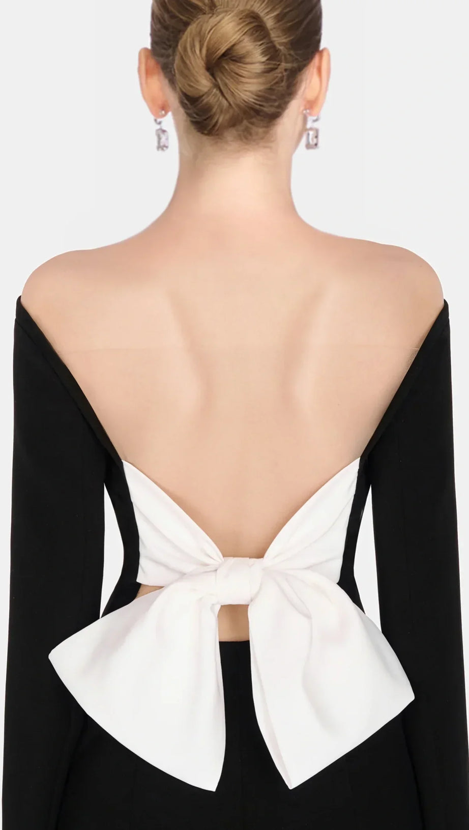 OFF SHOULDER BOW EMBELIISHED BACKLESS MINI DRESS
