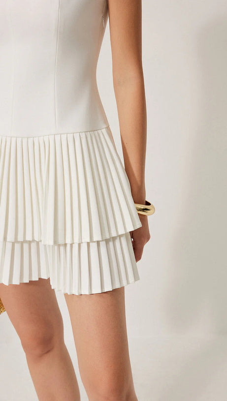 SQUARE NECK PLEATED LAYERED MINI DRESS