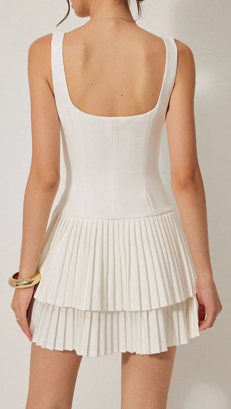 SQUARE NECK PLEATED LAYERED MINI DRESS