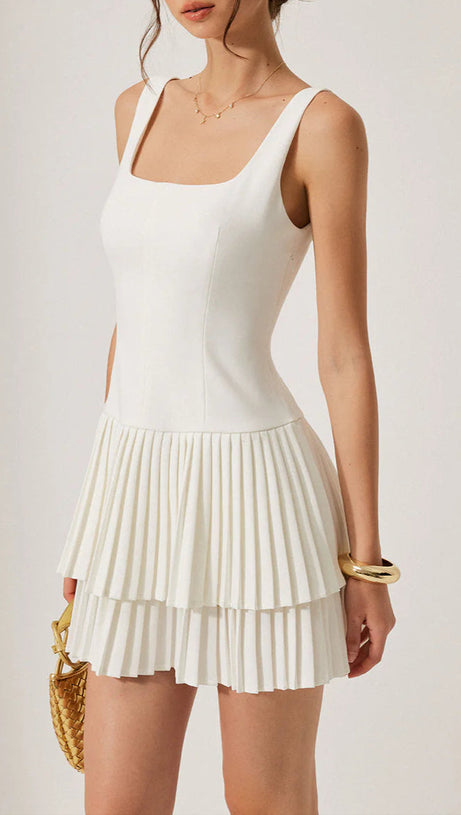 SQUARE NECK PLEATED LAYERED MINI DRESS