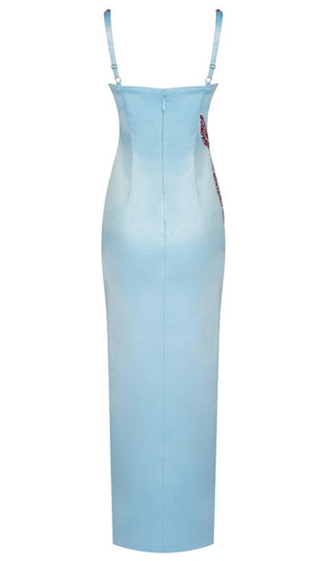 ABITO LUNGO BUSTIER CON DETTAGLIO STELLA MARINA E CRISTALLI BLU