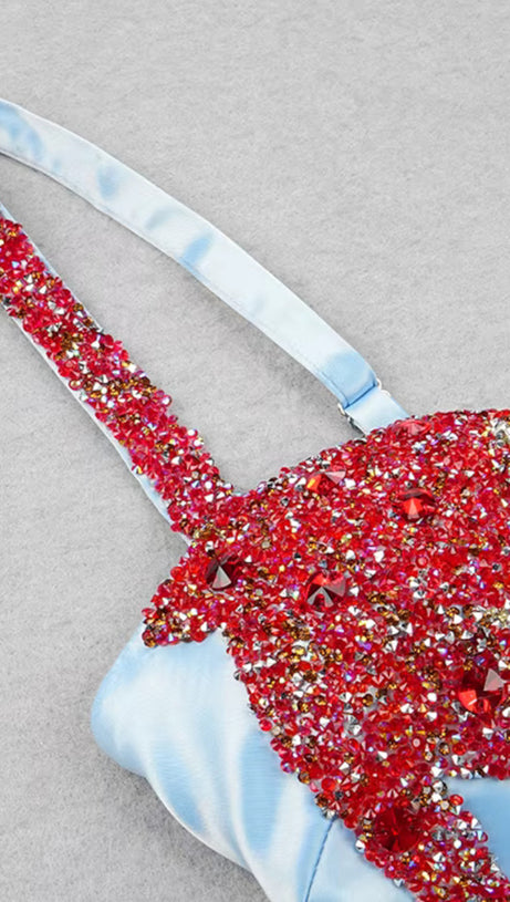 ABITO LUNGO BUSTIER CON DETTAGLIO STELLA MARINA E CRISTALLI BLU