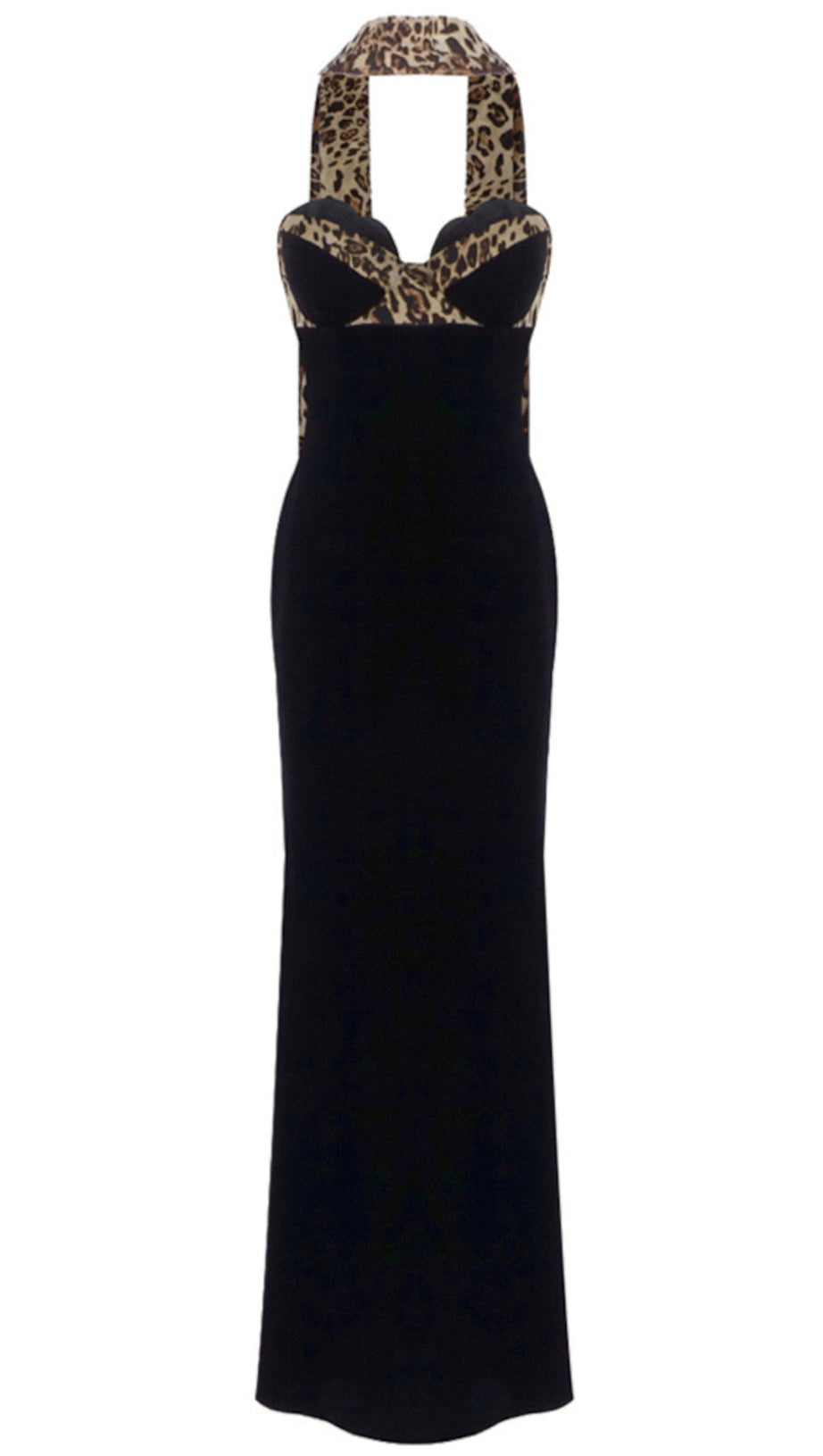 STRAPLESS ANIMAL PRINT BUSTIER MAXI VELVET DRESS BLACK