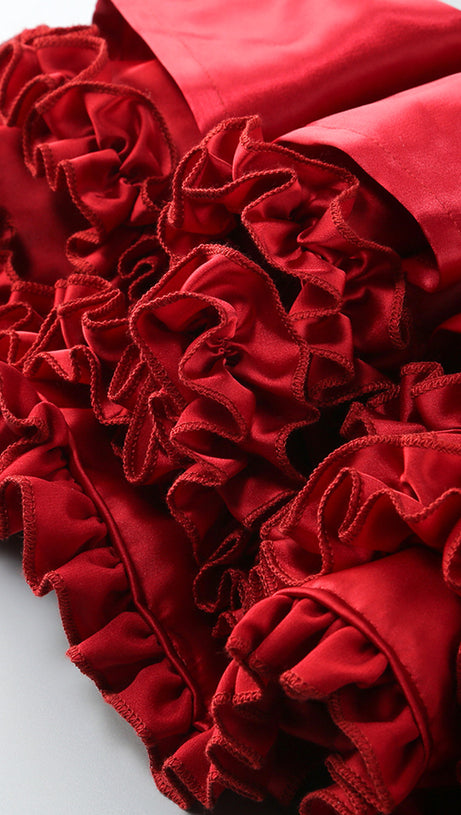 STRAPLESS BUSTIER RUFFLE DRESS RED