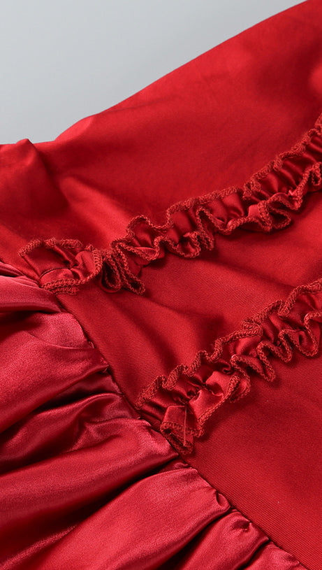 STRAPLESS BUSTIER RUFFLE DRESS RED