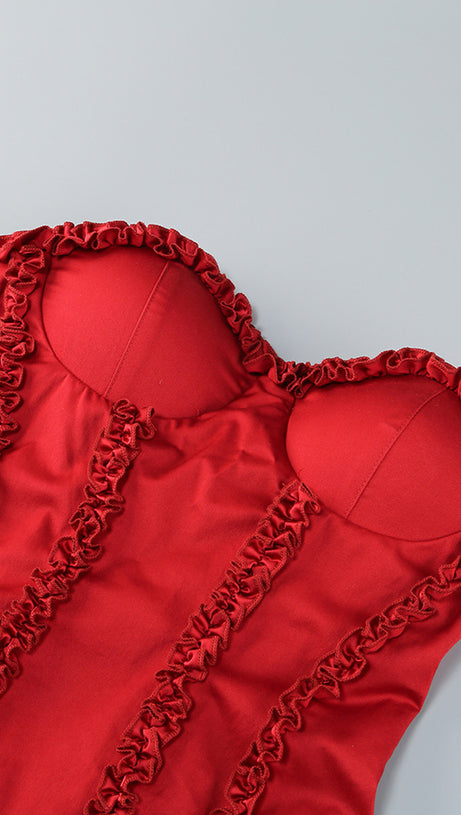 STRAPLESS BUSTIER RUFFLE DRESS RED