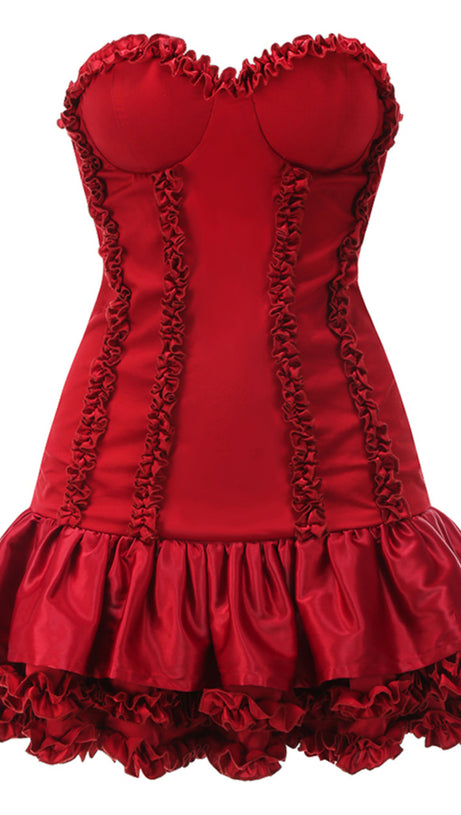 Abito bustier senza spalline con volant rosso