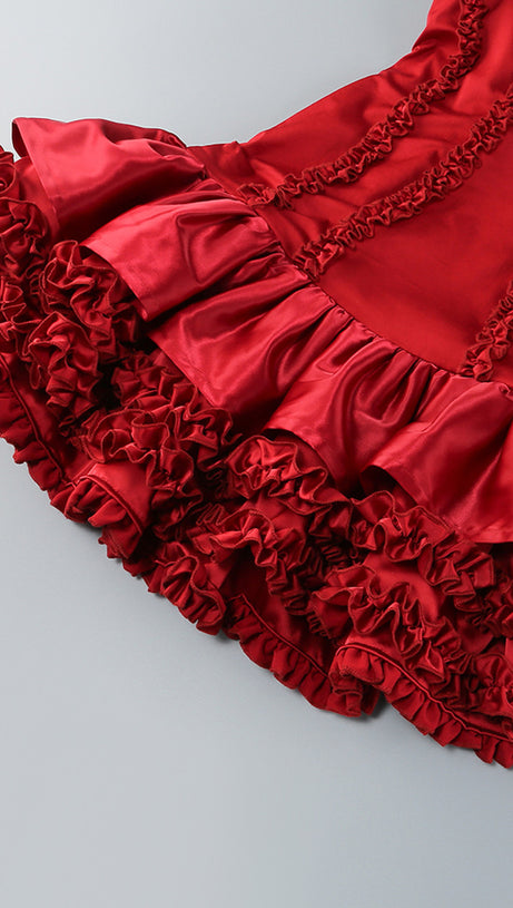STRAPLESS BUSTIER RUFFLE DRESS RED