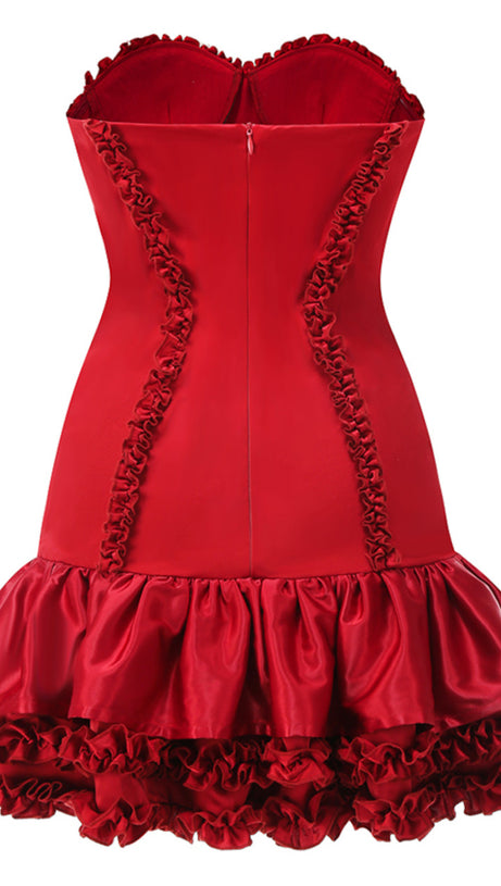 STRAPLESS BUSTIER RUFFLE DRESS RED