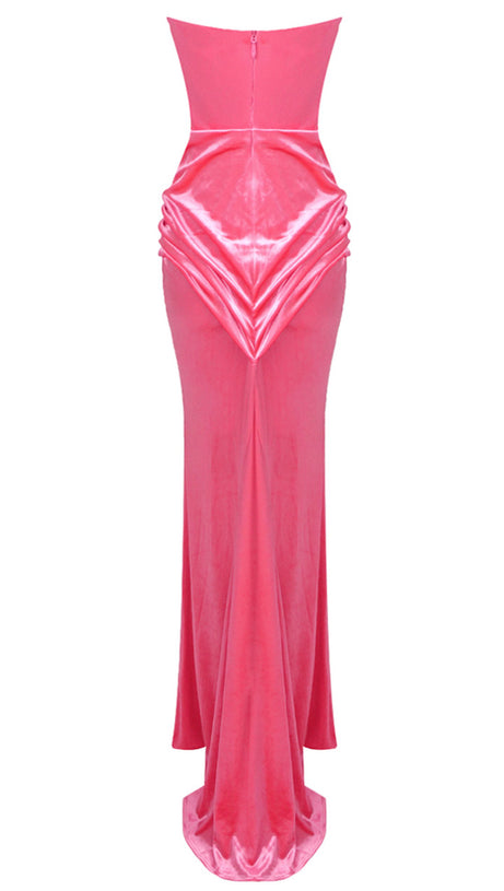 ABITO LUNGO DRAPPEGGIATO CON BUSTIER E CRISTALLI SENZA SPALLINE ROSA