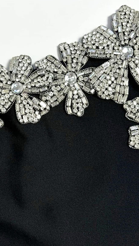 STRAPLESS CRYSTAL FLORAL TWO PIECE MAXI DRESS BLACK