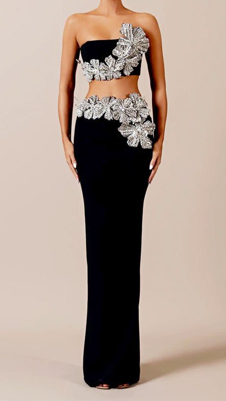 STRAPLESS CRYSTAL FLORAL TWO PIECE MAXI DRESS BLACK