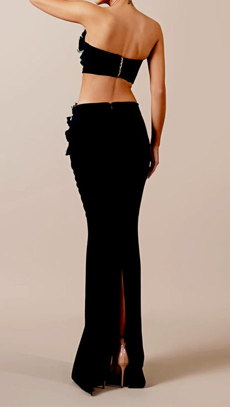 STRAPLESS CRYSTAL FLORAL TWO PIECE MAXI DRESS BLACK
