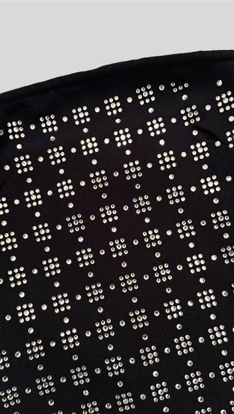 ABITO LUNGO SENZA SPALLINE CON VOLANT DI CRISTALLI NERO