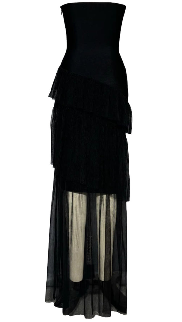 AIIZIE STRAPLESS CRYSTAL RUFFLE MAXI DRESS BLACK - product image