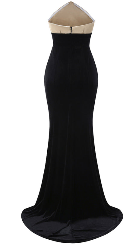 Trägerloses Meerjungfrau-Maxi-Samtkleid Schwarz Elfenbein