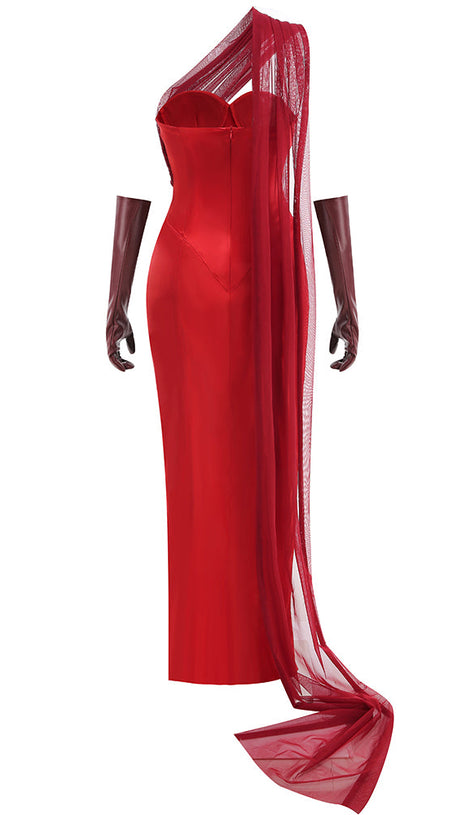 Trägerloses Kleid mit hohem Schlitz und Handschuhen