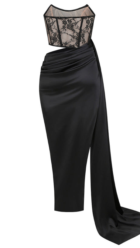 ABITO LUNGO DRAPPEGGIATO CON CORSETTO IN PIZZO SENZA SPALLINE NERO