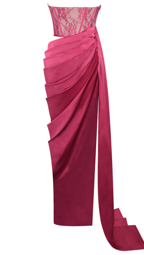 ABITO LUNGO DRAPPEGGIATO CON CORSETTO IN PIZZO SENZA SPALLINE ROSSO