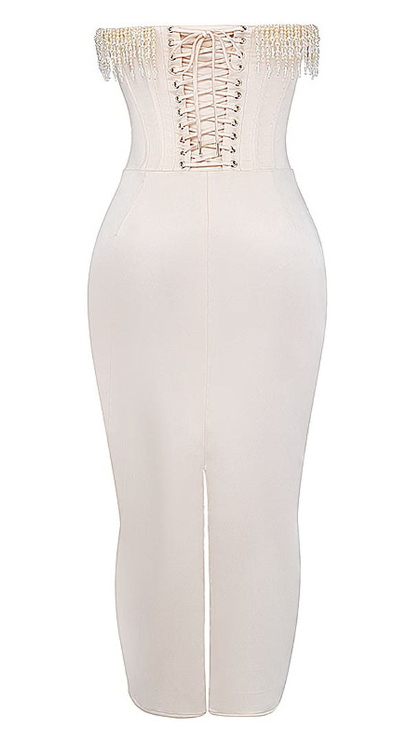 AIIZIE STRAPLESS PEARL CORSET MIDI DRESS IVORY - product image