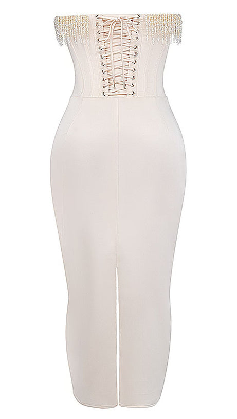 ABITO MIDI CON CORSETTO DI PERLE SENZA SPALLINE AVORIO