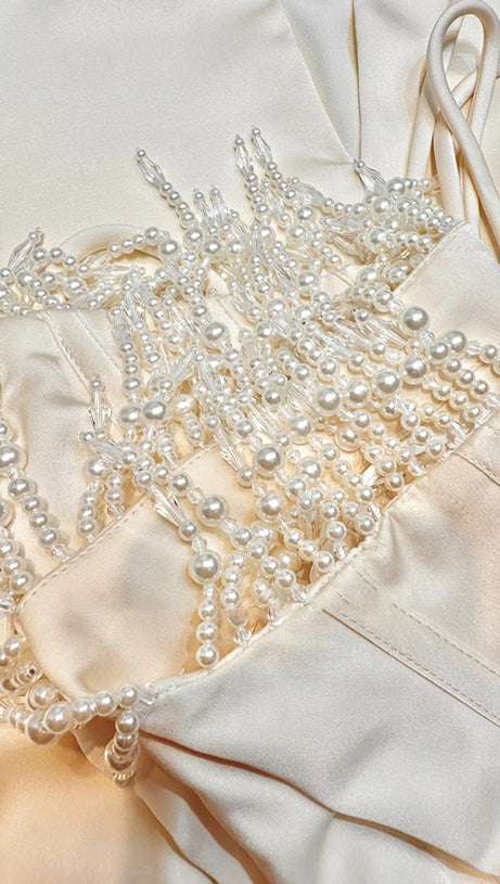 ABITO MIDI CON CORSETTO DI PERLE SENZA SPALLINE AVORIO