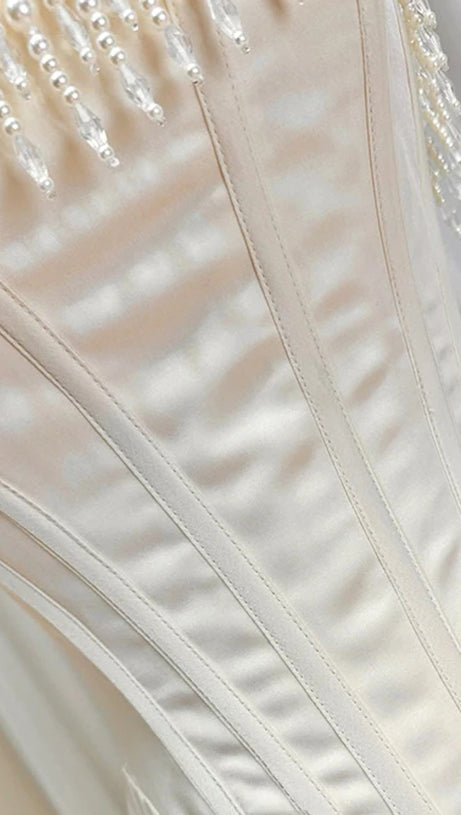 ABITO MIDI CON CORSETTO DI PERLE SENZA SPALLINE AVORIO