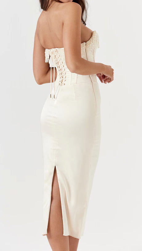 ABITO MIDI CON CORSETTO DI PERLE SENZA SPALLINE AVORIO