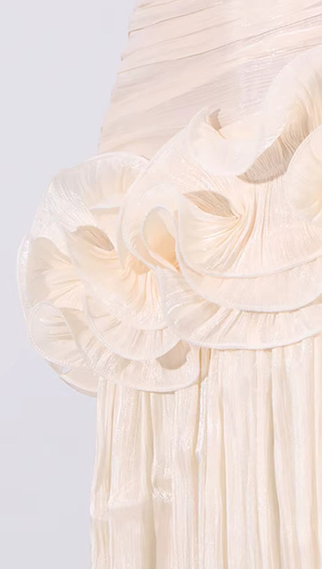 RUFFLE-EMBELLISHED PLEATED MAXI DRESS IN APRICOT