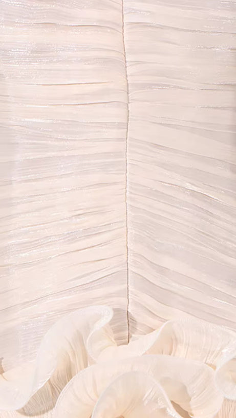 RUFFLE-EMBELLISHED PLEATED MAXI DRESS IN APRICOT