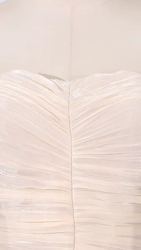 RUFFLE-EMBELLISHED PLEATED MAXI DRESS IN APRICOT