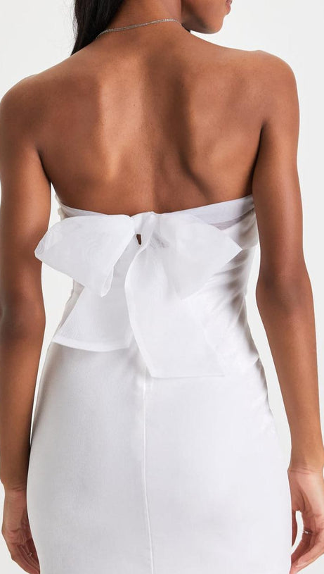 STUNNING SITUATION WHITE VELVET STRAPLESS ORGANZA BOW MINI DRESS