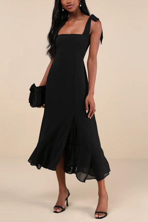 SUMMER INVITE BLACK TIE-STRAP TIERED MIDI DRESS
