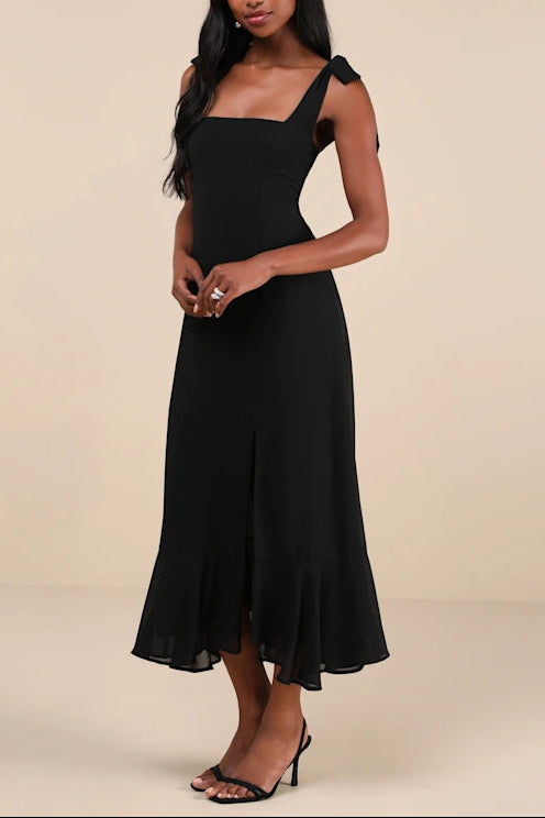 SUMMER INVITE BLACK TIE-STRAP TIERED MIDI DRESS