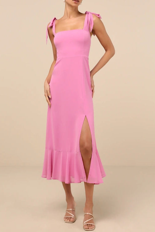 SUMMER INVITE PINK TIE-STRAP TIERED MIDI DRESS