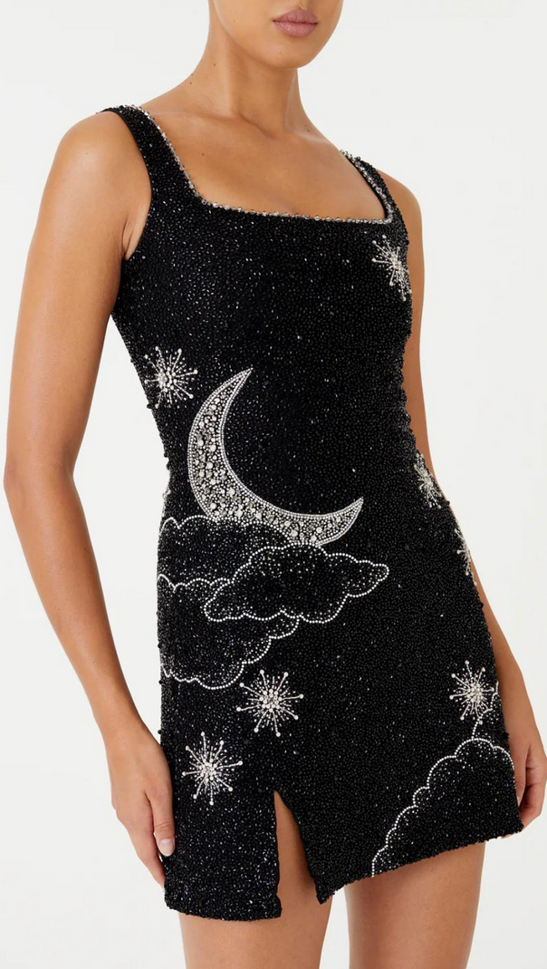 AIIZIE SYLVIA RHINESTONE EMBELLISHED SKY MINI DRESS IN BLACK - product image