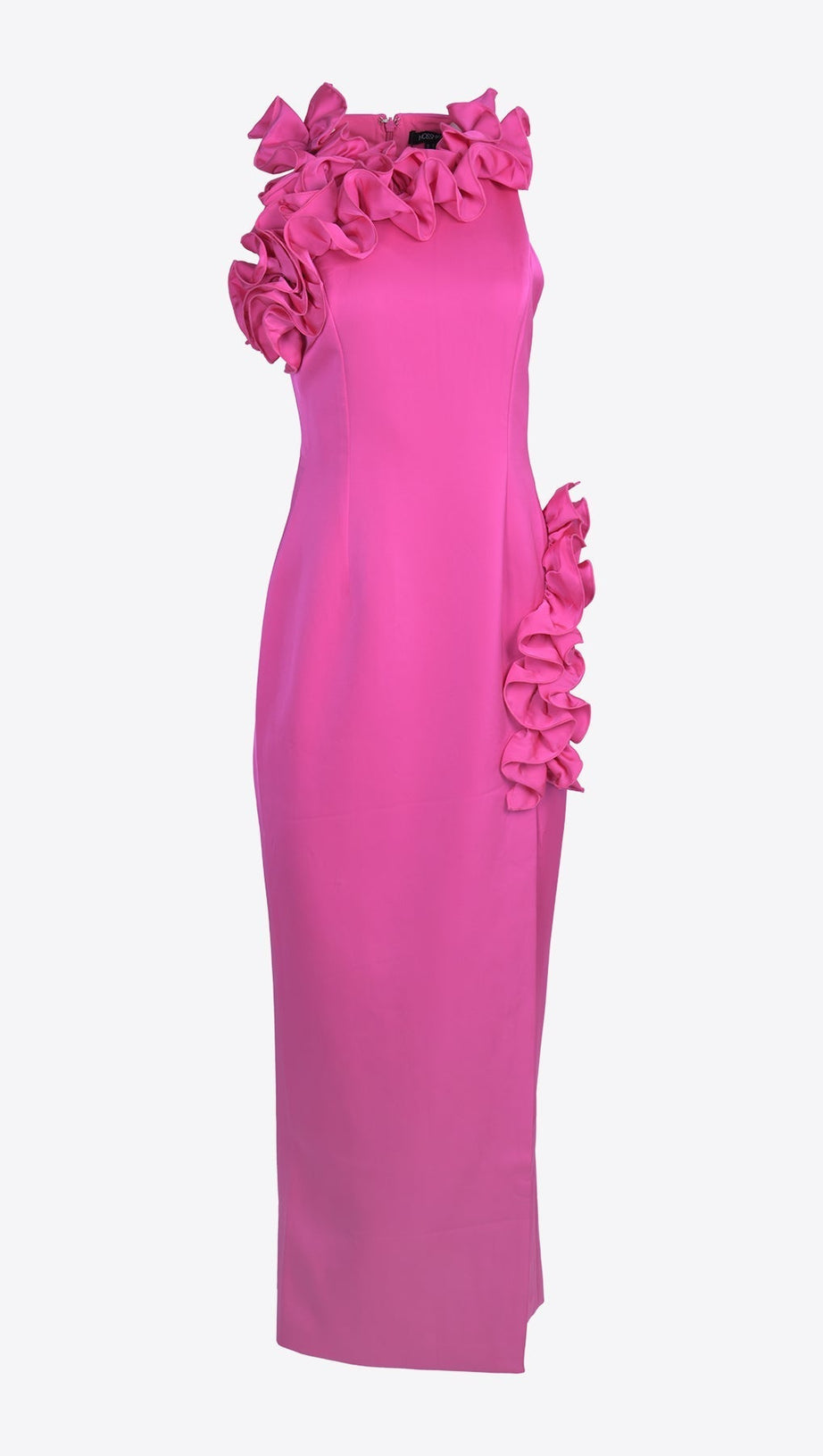 Abito midi rosa shocking con volant