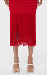 RED TEXTURED CHENILLE FRINGE MIDI DRESS