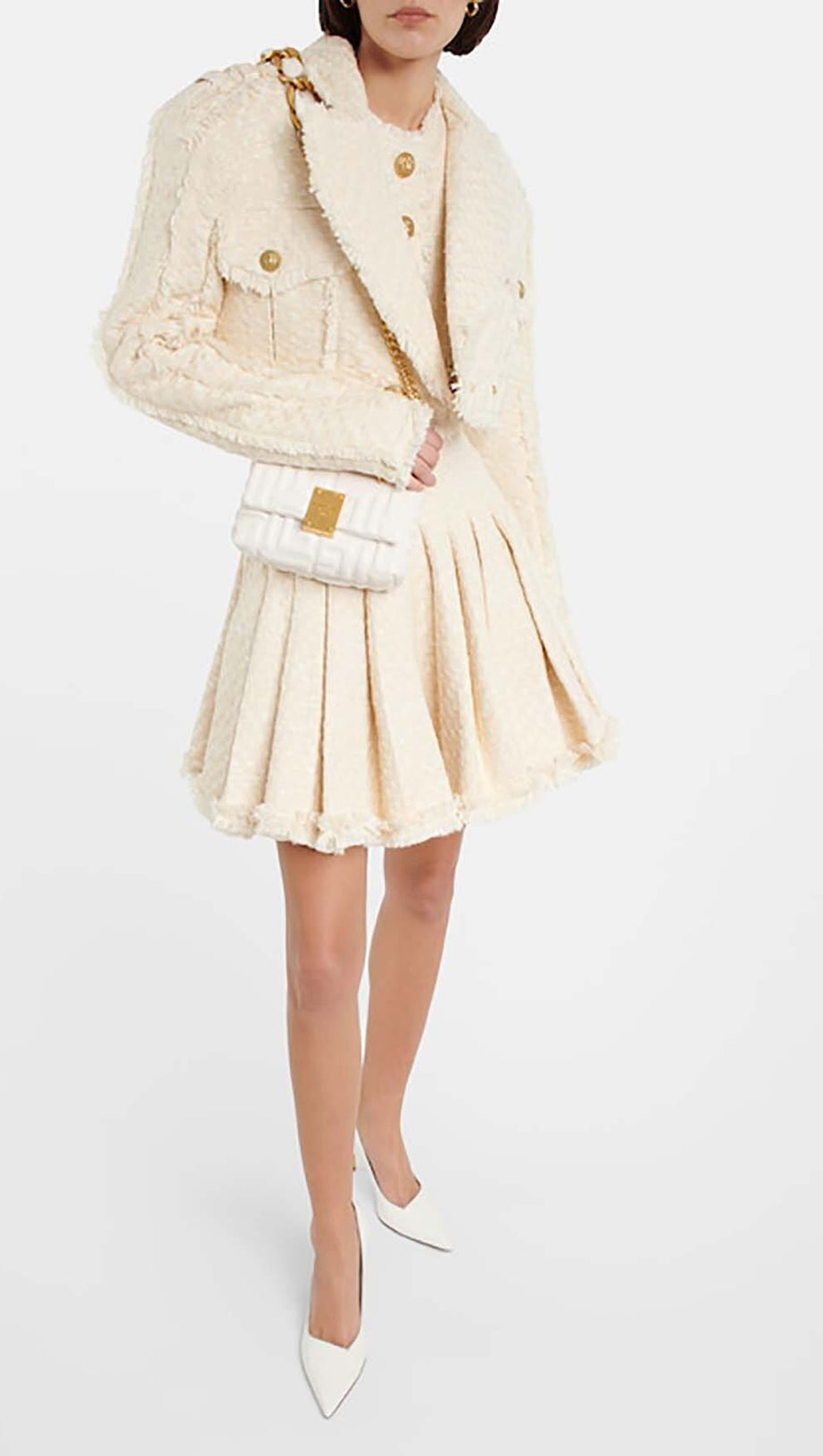 GONNA CORTA IN TWEED CON PLACCATURA IN LVORY