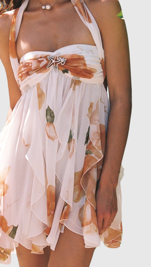 KATHERINE FLORAL HALTER BACKLESS MINI DRESS